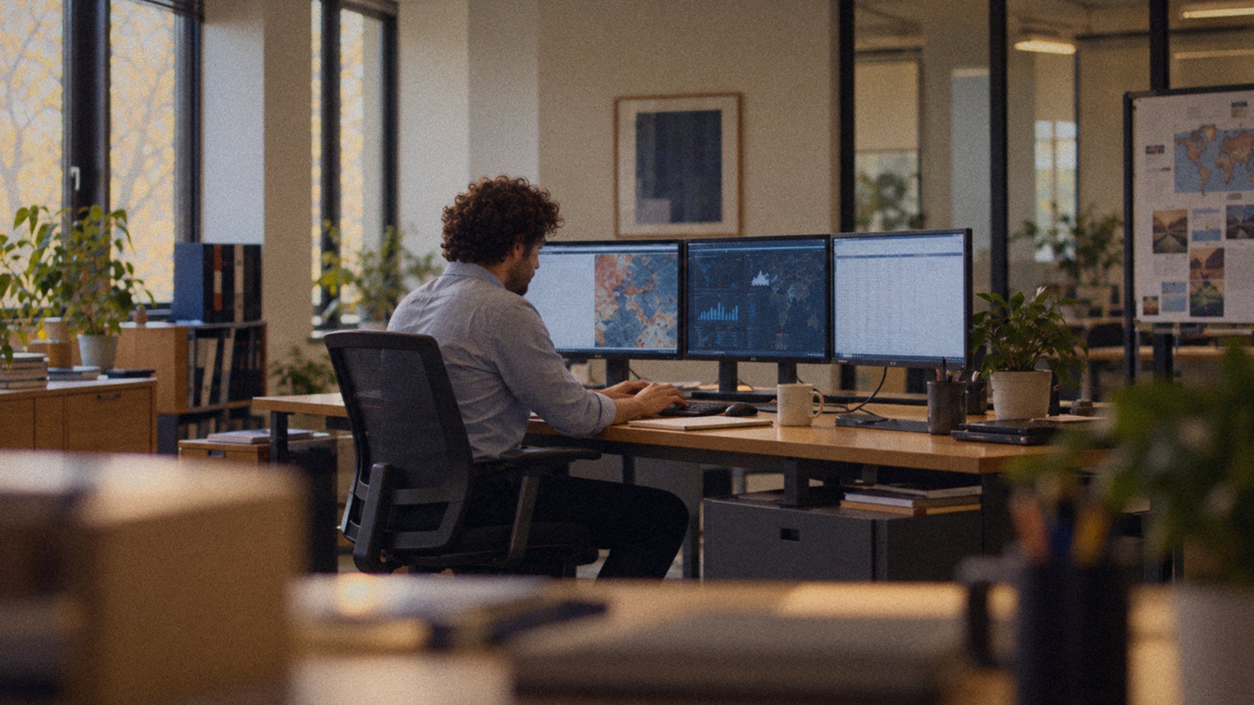 An engineer building at a desk with three screens.