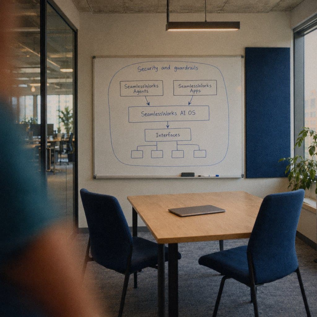 A whiteboard sketch of SeamlessWorks AI OS with Agents and Apps on top, Interfaces below and Security and guardrails around it, in a modern meeting room.