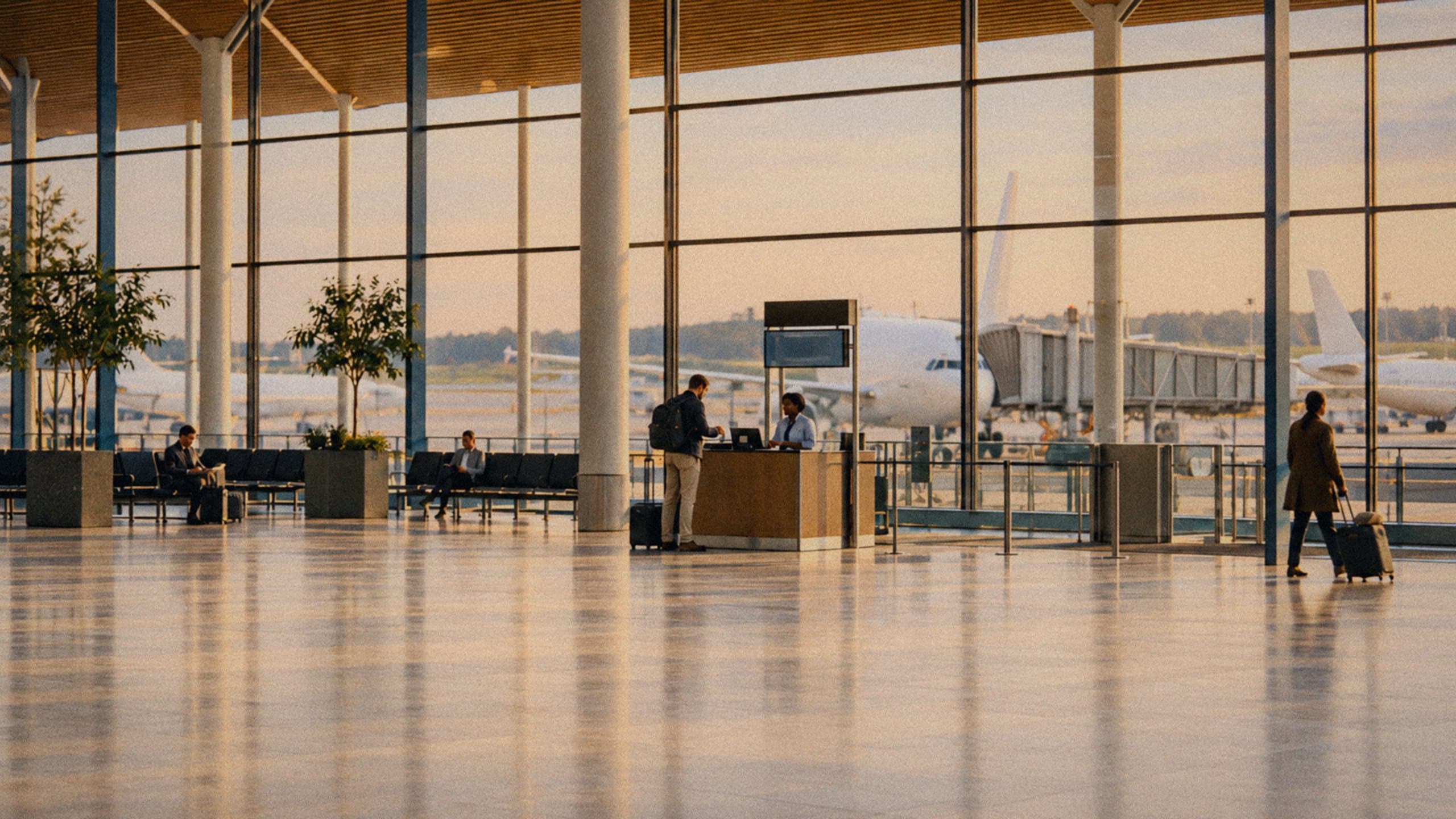 A calm airport terminal with aircraft outside and a ground agent at a gate desk.