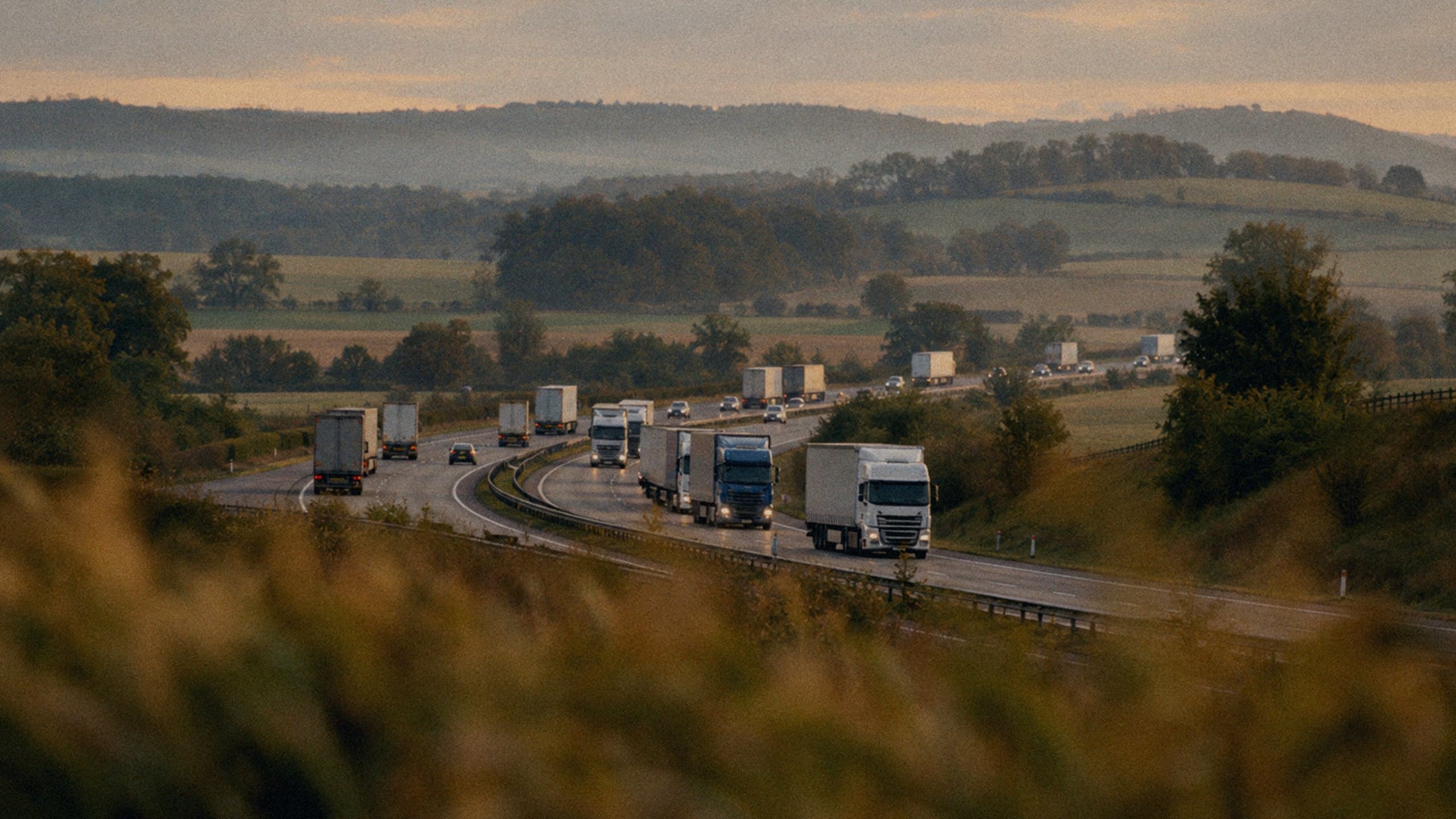 Many lorries travelling along a motorway through the countryside.