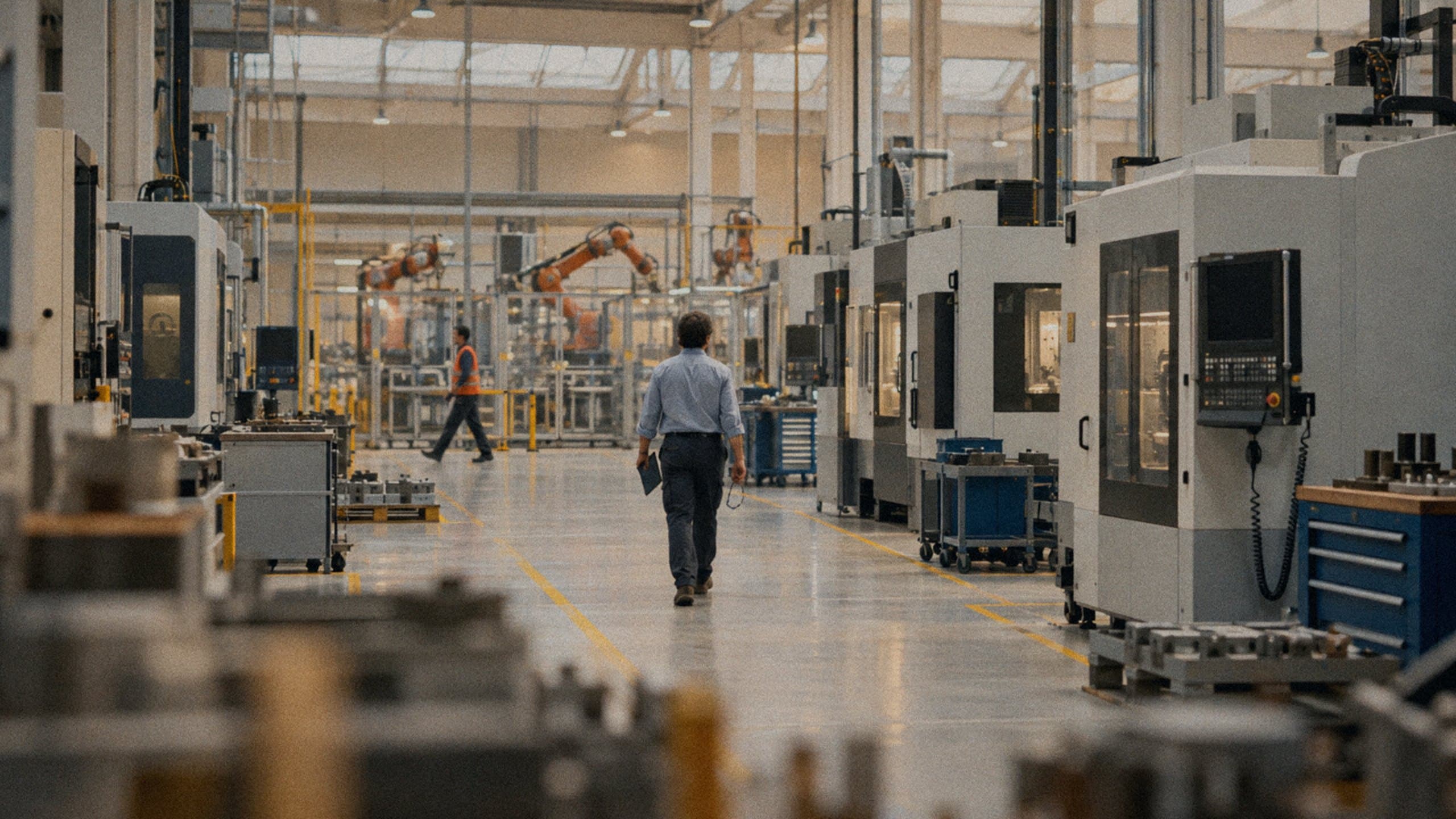 An engineer walking down an aisle between modern machines on a factory floor.