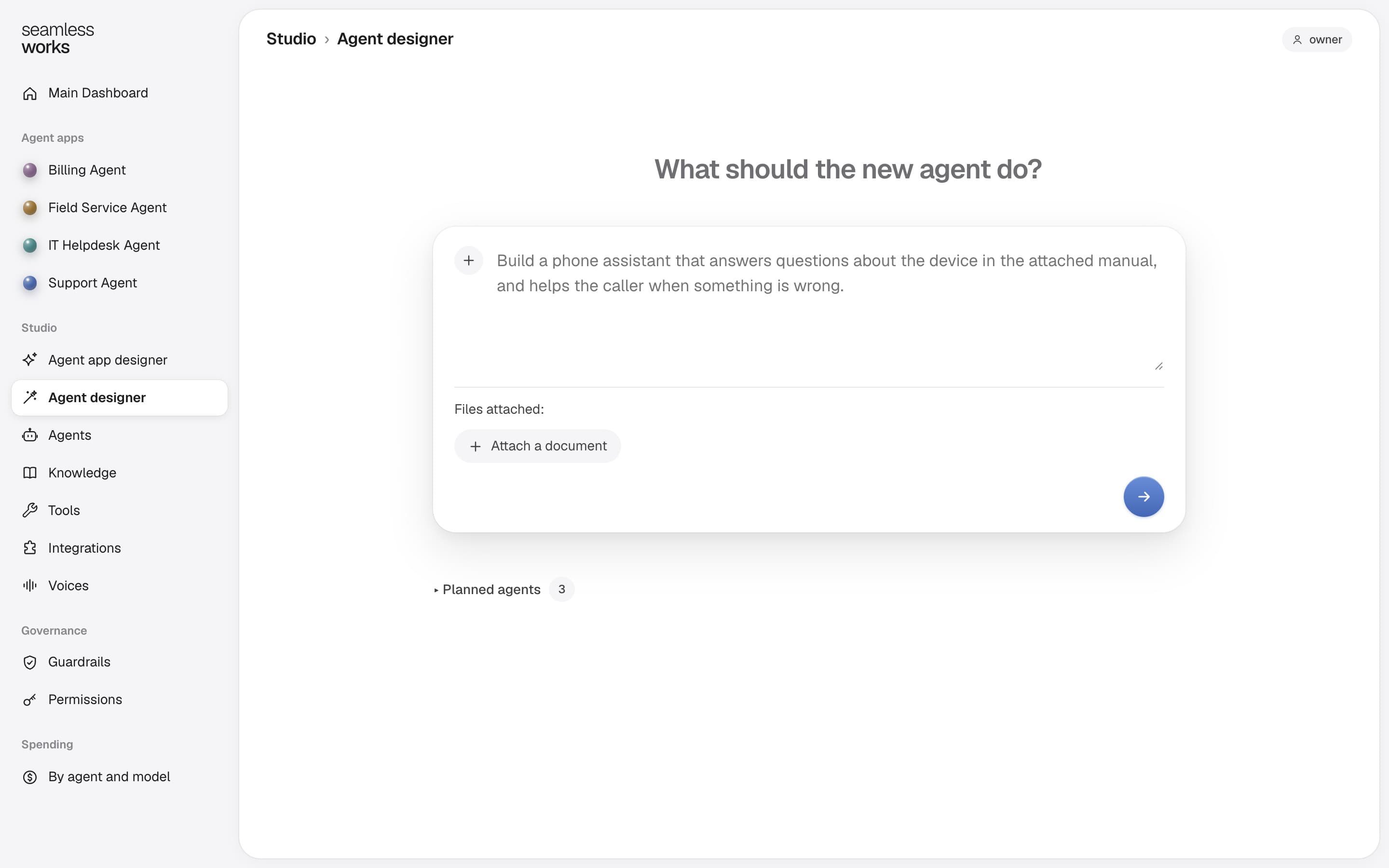 The agent designer in the SeamlessWorks AI OS, asking what the new agent should do.